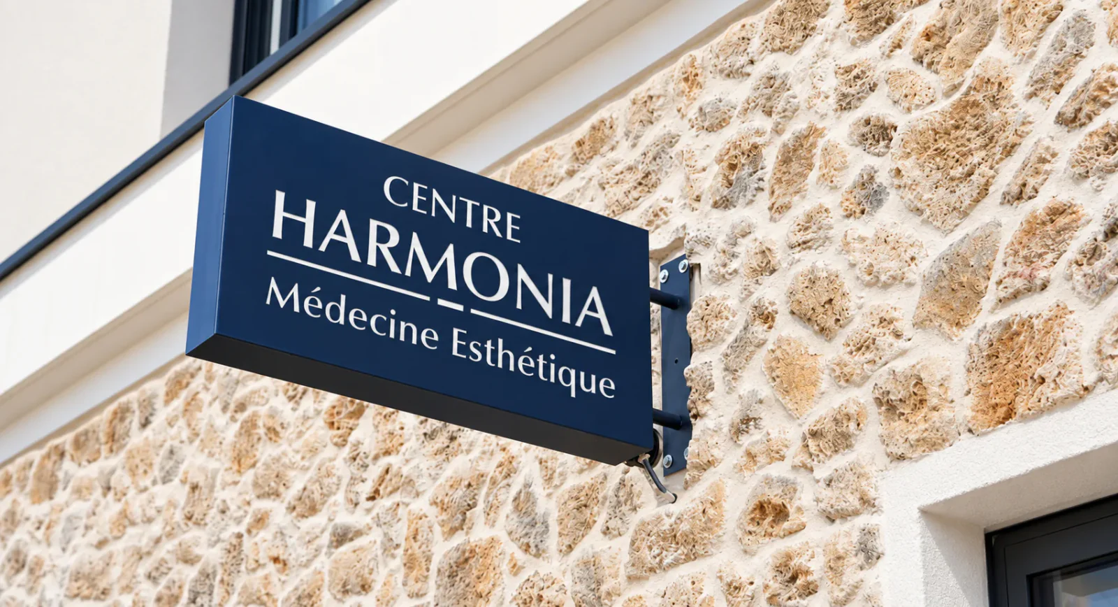 L'enseigne du Centre Harmonia sur la façade en pierre